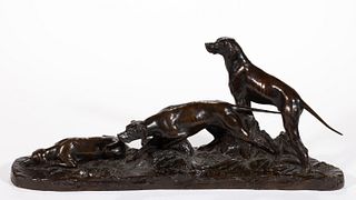 FREDERICK WILLIAM SIEVERS (AMERICAN, 1872-1966) "THREE POINTERS" BRONZE FIGURAL HUNTING DOG GROUP