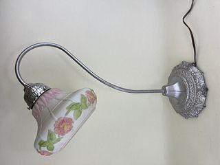 Vintage Silver Gooseneck Table Lamp~ Floral Motif Shade