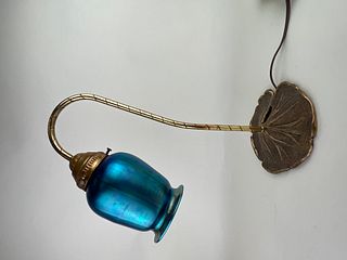 Vintage Brass Lily Pad Gooseneck Lamp~ Blue Iridescent Aurene Shade