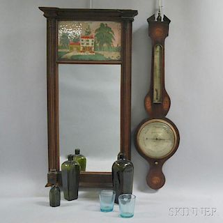Mahogany Veneer Shell-inlaid Wheel Barometer, Reverse-painted Mirror, and   Five Early Glass Vessels