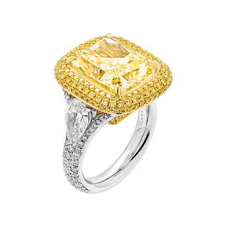 GIA Certified 10.11ct Natural Diamond Fancy Yellow VS2 Cushion Cut Three-Stone Ring