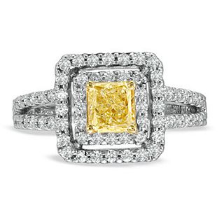 1.35ct tw Natural Fancy Yellow Diamond Fashion Engagement Ring With Split Shank set in 14k and 18k Gold