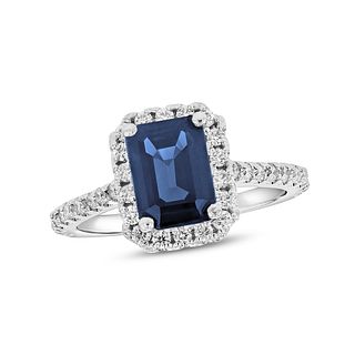 2.00ctw Natural Diamond and Emerald Cut Natural Sapphire Statement Ring in 14k White Gold
