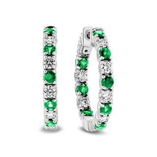 3.58ctw Natural Diamond and Natural Emerald Hoop in 14k White Gold