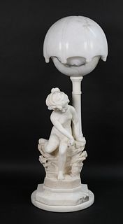 Carved Marble & Alabaster Lamp Girl With Kitten