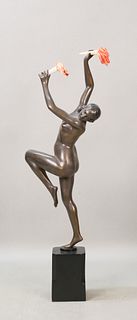 H. Calot Art Deco Bronze Nude With Torches