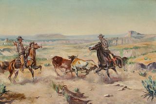 After C.M. Russell Oil on Canvas Roping the Steer
