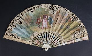 19th Century Vanerd Silk Gauze Leaf Fan
