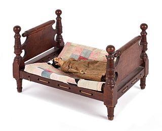 Tiger maple doll's bed, 19th c., 8 3/4" h., 9 1/2"