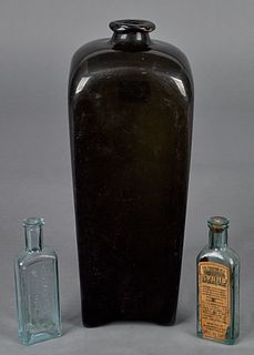 Olive glass gin bottle, ca. 1800, together with tw