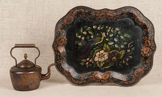 Tole decorated tray, 19th c., together with a copp