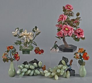 Group of Chinese carved hardstone trees and fruit,