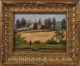 Oil on board landscape depicting Fels Mansion Bran