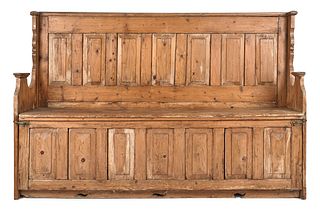 English pine settle bench, 18th c., with fold outi