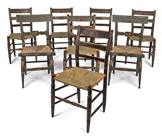 Set of six painted rushseat dining chairs, 19th c.