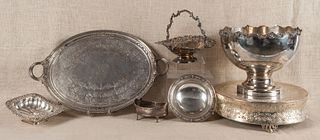 Silver plate, to include a large punch bowl, a pla