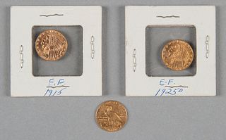 Three Indian head 2.5 dollar gold coins, 1912, 191