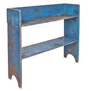 Painted pine bucket bench, 19th c., retaining an o