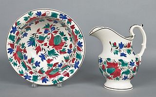 English pearlware pitcher and basin in an Adams Ro