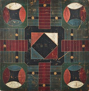 Painted pine Parcheesi gameboard, 19th c., 19" x 1