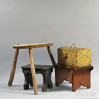 Three Country Stools and a Wallpaper-covered Dome-top Document Box