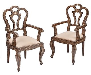 Pair of Moorish Style Inlaid Hardwood Armchairs
