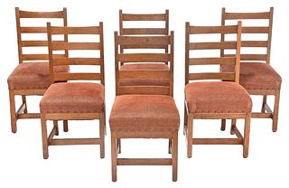 Six Arts and Crafts Oak Ladder Back Side Chairs