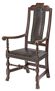 A Fine Boston William and Mary Turned and Leather Upholstered Armchair