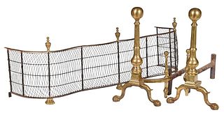 Pair of Brass Andirons and Serpentine Fire Fender