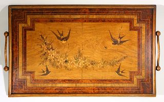 Continental Marquetry Bird Inlaid Two-Sided Serving Tray, 19th Century