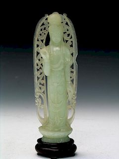 Chinese Carved Celadon Jade Figure of Guanyin