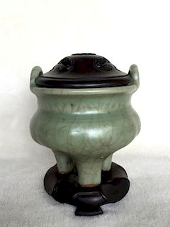Chinese Tripod Celadon Porcelain Incense Burner with Lid and Stand.