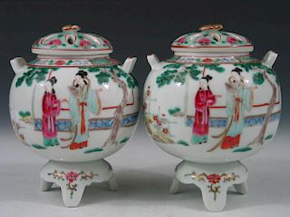 Pair of Chinese Famille Rose Porcelain Jars with Covers