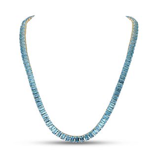 74ctw Emerald Cut Natural Blue Topaz Necklace in 14k Yellow Gold