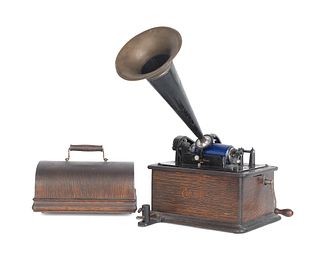 Oak Edison Victrola, model H, with a tin horn