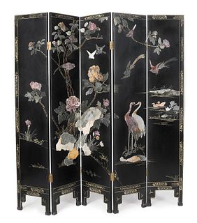 Chinese five-part lacquer folding screen, 20th c.
