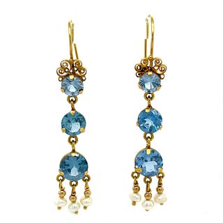 14k 1800â€™s Mexican Oaxacan Blue Paste Dangle Earrings