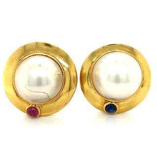 18K Yellow Gold Mabe Pearl, Ruby and Sapphire Earrings