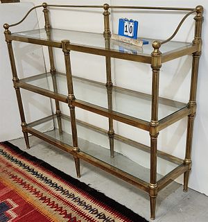 BRASS AND GLASS 3 TIER ETAGERE 40"H X 4'W X 14"D