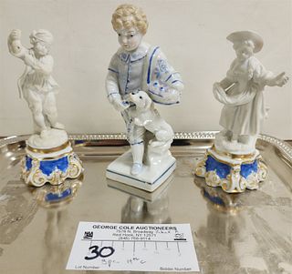 TRAY 3 PCS 19TH C HARD PASTE FIGURINES PR 4 1/2" AND 5 1/4" BOY W/ DOG (DOG'S PAW IS MISSING)