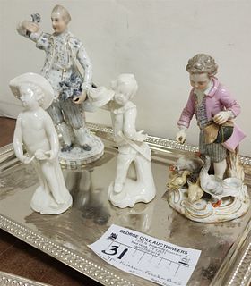 TRAY 4 FIGURINES 19TH C HARD PASTE GENT 6 1/4", 18TH C MEISSEN BOY FEEDING DUCKS 5" (1 DUCK NECK REPAIRED AND PR FRANKENTHAL BISQUES 4 1/2"
