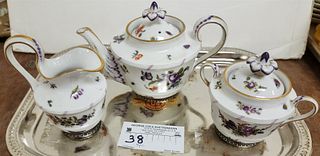 TRA 3 PC TEA SET W/ SILVER BASES TEA POT 4 1/2", CREAMER 4 1/2" AND COVERED SUGAR 4 1/4" CROWN AND CROSSED SWORD MKD