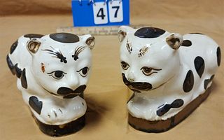 PR CHINESE GLAZED POTTERY SPOTTED CAT HEAD RESTS 5 1/4"H X 9"L X 3 3/4"W