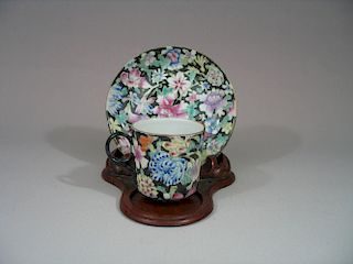 Antique Chinese Famille Rose Black Glazed Porcelain Cup