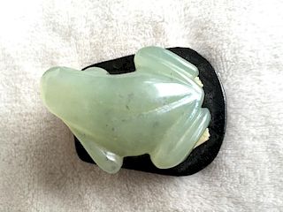 Chinese Jade Carving of Frog on wood stand.