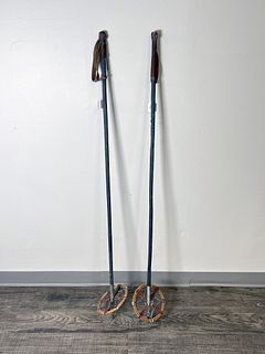 ANTIQUE PAIR LEATHER AND BAMBOO SKI POLES