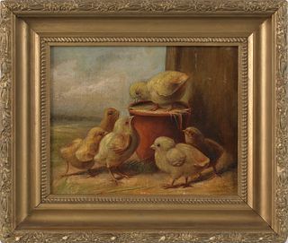 Oil on canvas portrait of six chicks, 19th c., 8 1