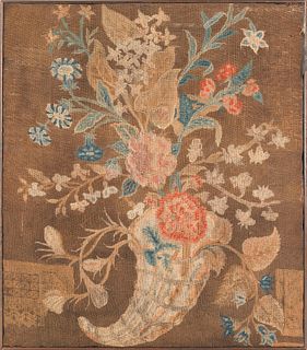 English needlework panel, late 18th c., of a cornu