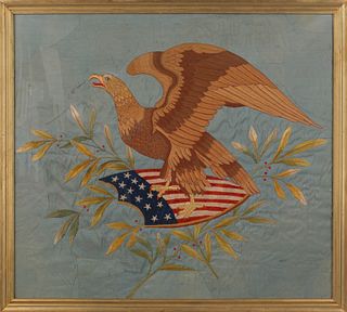 Large needlework on silk panel, 19th c., of an eag