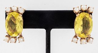 14K Yellow Gold Citrine Pearl Earclips
